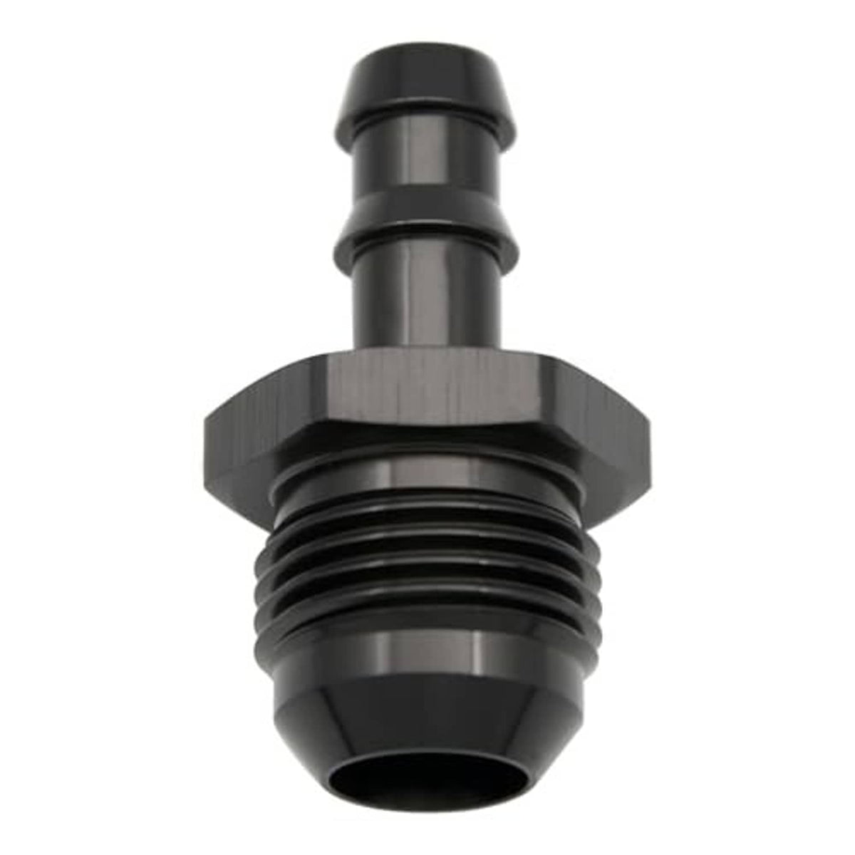 Black 10AN male to 3/8" push hose barb fitting, front view of threaded port