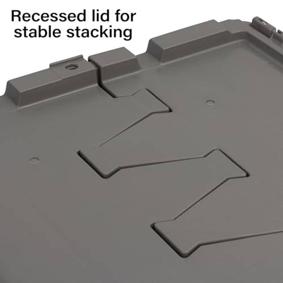 Recessed lid area on grey plastic storage container for stable stacking