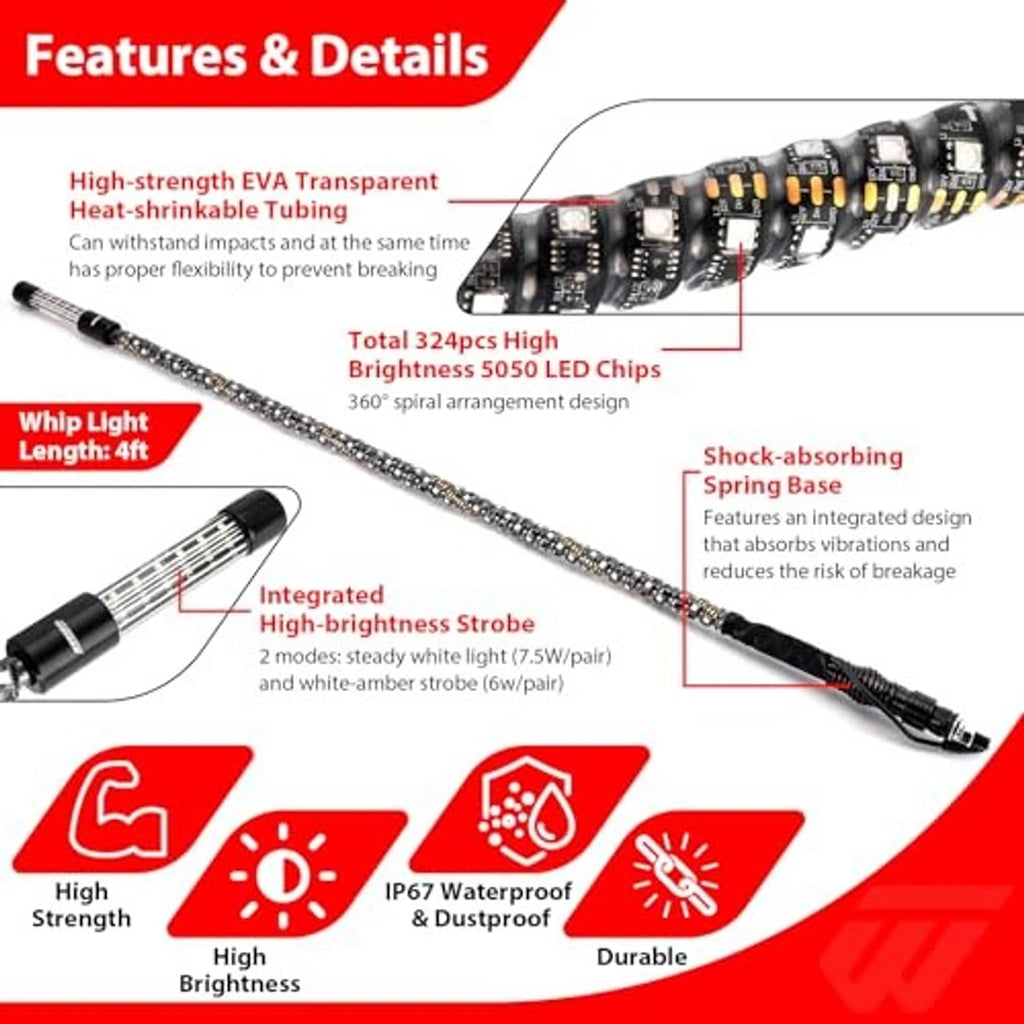 LED whip light detail with black tubing, visible LEDs, and spring base design