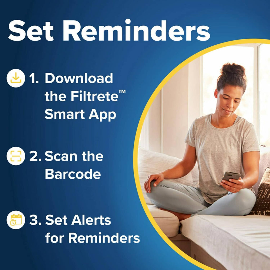 Set reminders graphic featuring a person using a smartphone at home