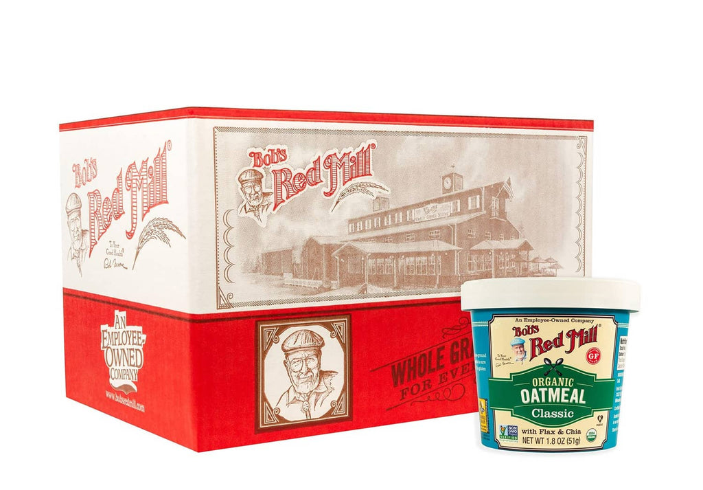 Bob's Red Mill organic gluten-free oatmeal cup with red cardboard product box