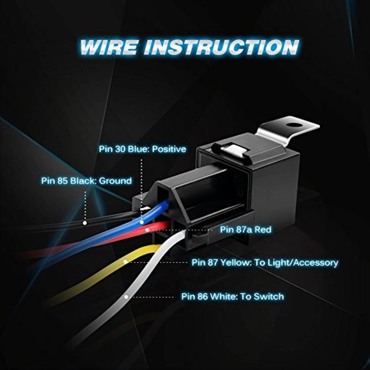 5-pin relay socket with colored wire leads and pin layout diagram