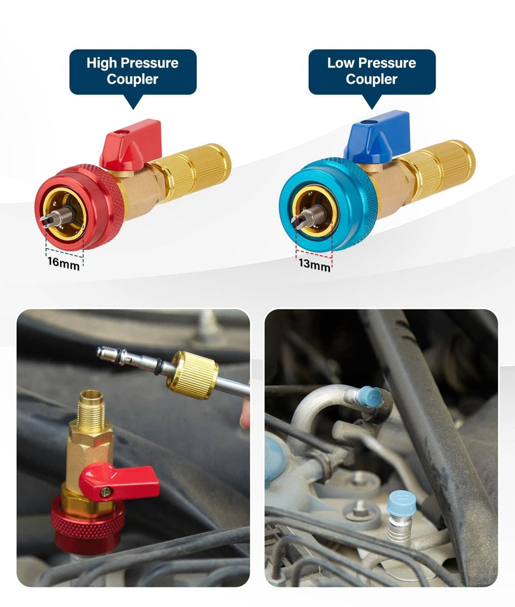 R134A valve core quick remover with high- and low-pressure brass couplers