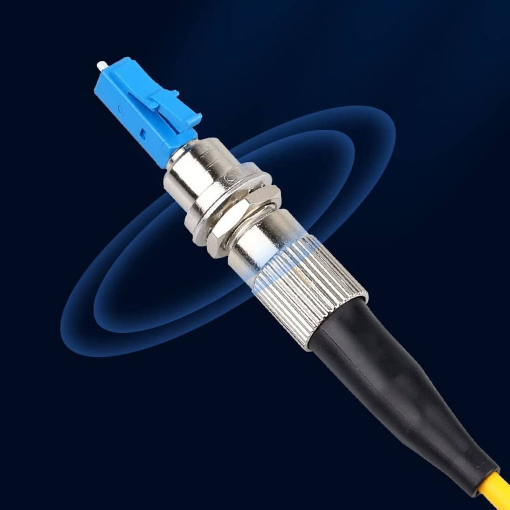 Fiber optic LC to FC adapter on black cable with yellow strain relief boot