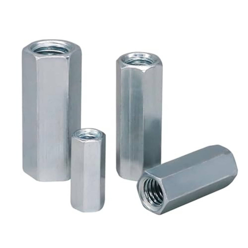 Set of silver hex coupling nuts with internal threads, three fasteners shown