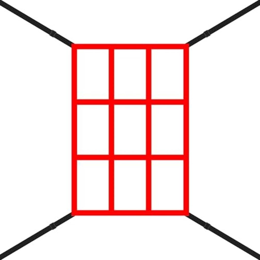 Square pitching target net with red border, white window grid, and four black poles