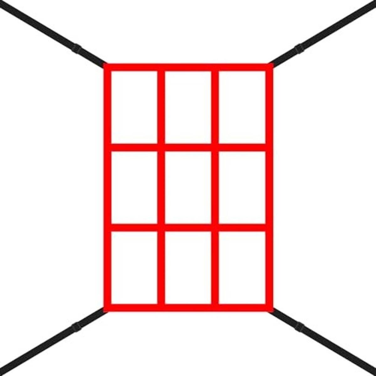 Square pitching target net with red border, white window grid, and four black poles
