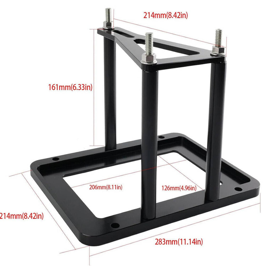 Black battery tray relocation mounting frame with four posts and rectangular base opening