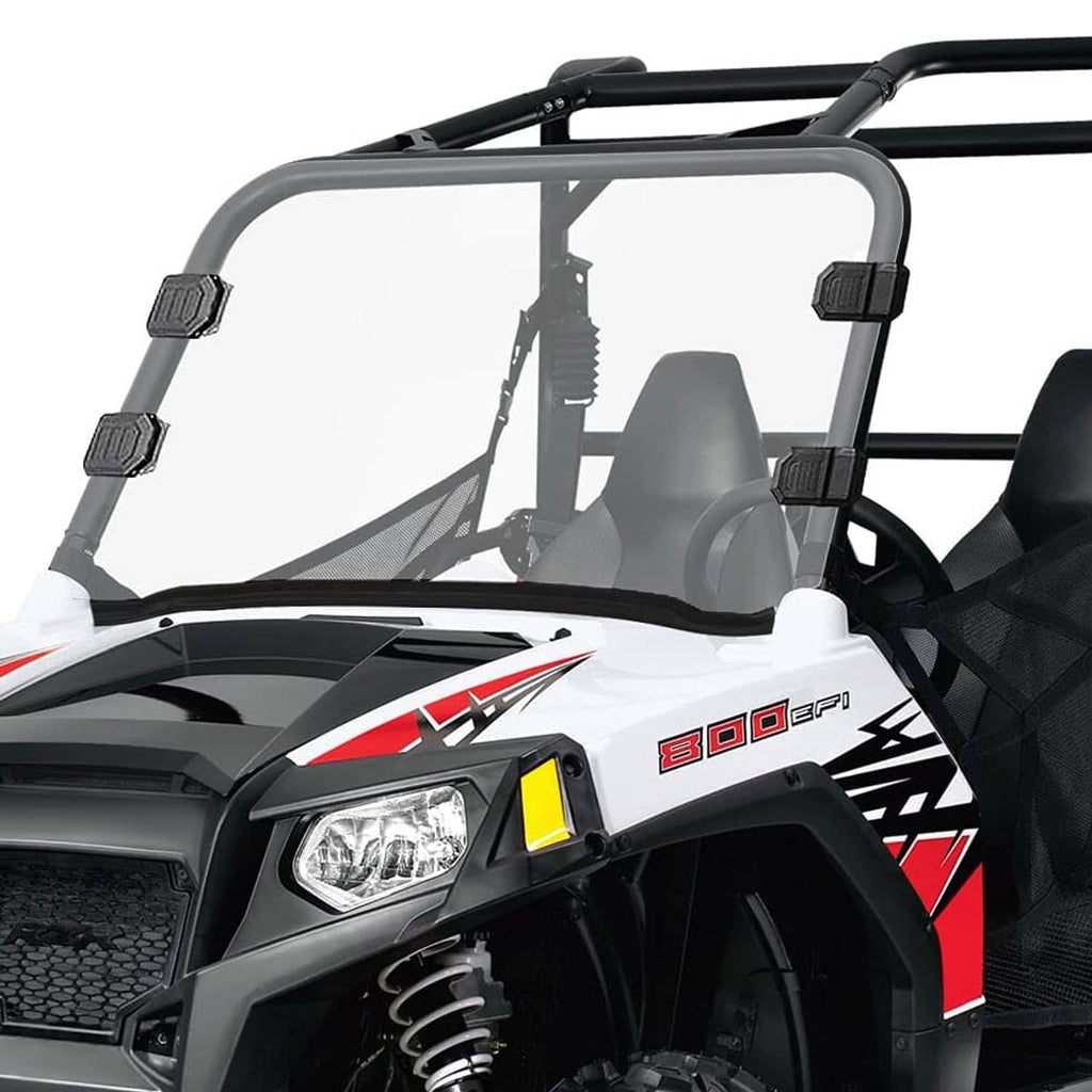 Close-up of front full windshield windscreen, clear panel with black support brackets
