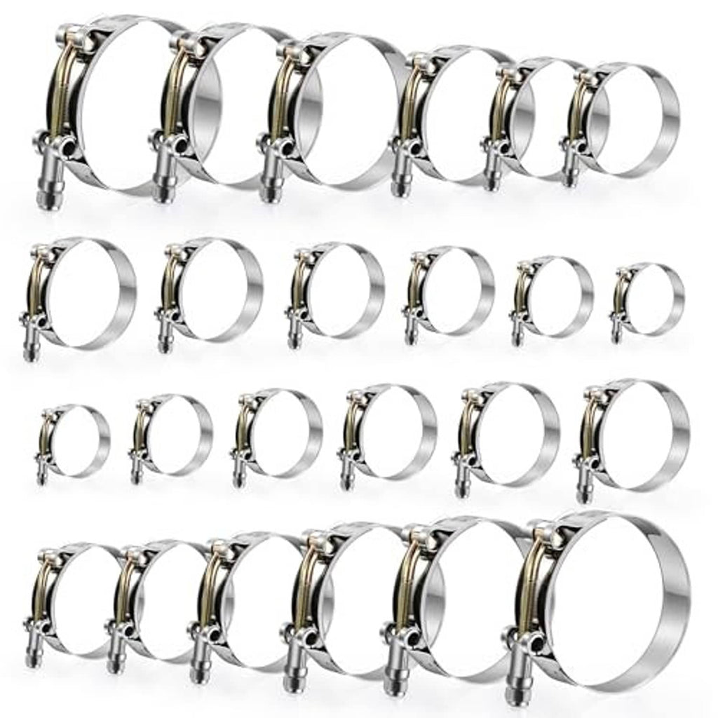 Stainless steel T-bolt hose clamps, assorted sizes shown laid out