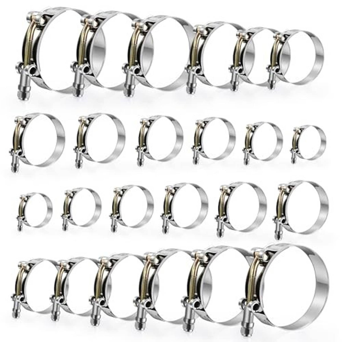 Stainless steel T-bolt hose clamps, assorted sizes shown laid out