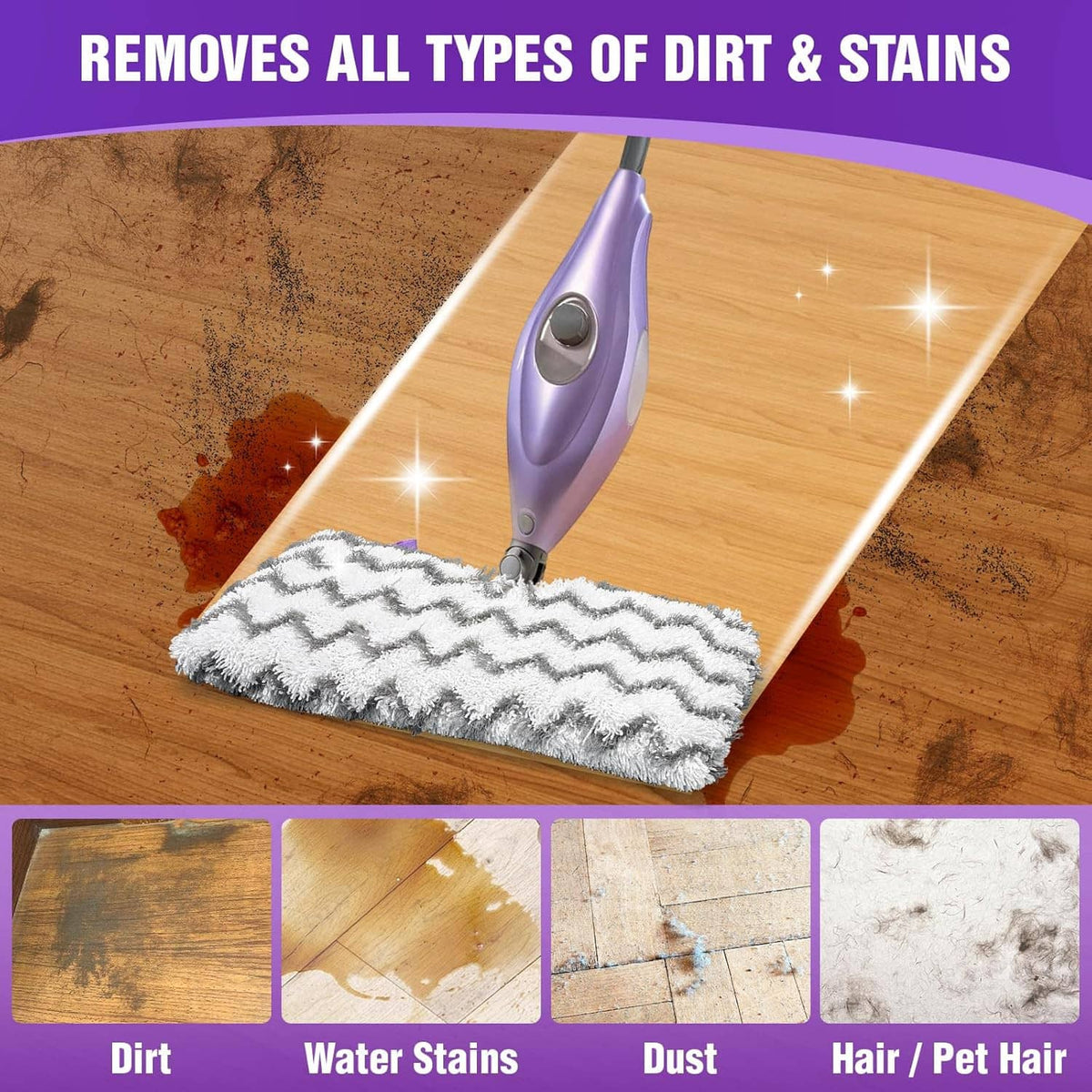 Steam mop gliding with zigzag microfiber replacement pad on hardwood floor