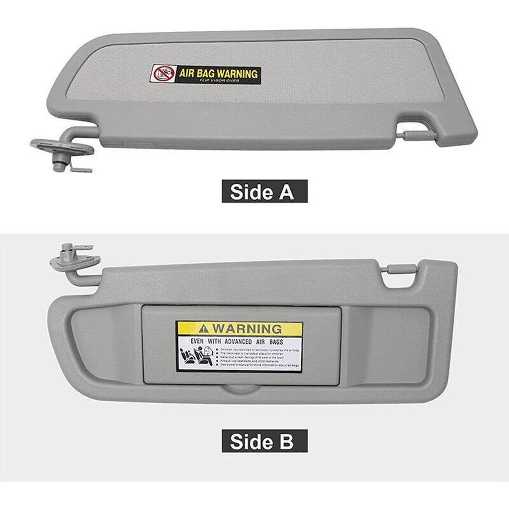 Gray sun visors labeled Side A and Side B, with warning label panels and hinges.