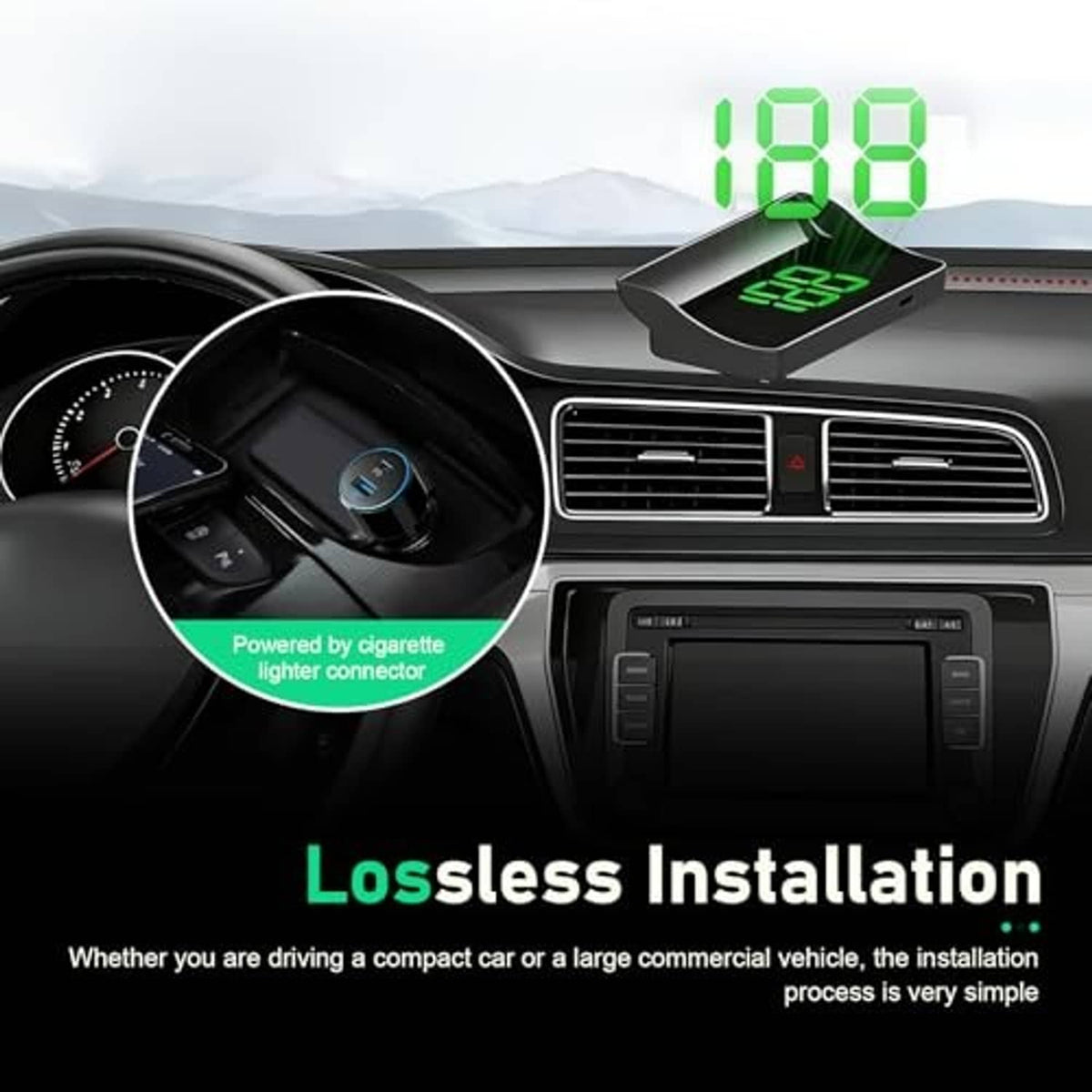 HUD speedometer projector mounted on dashboard, showing green digits