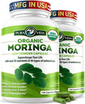 Organic moringa leaf powder capsules in white-and-green supplement bottles