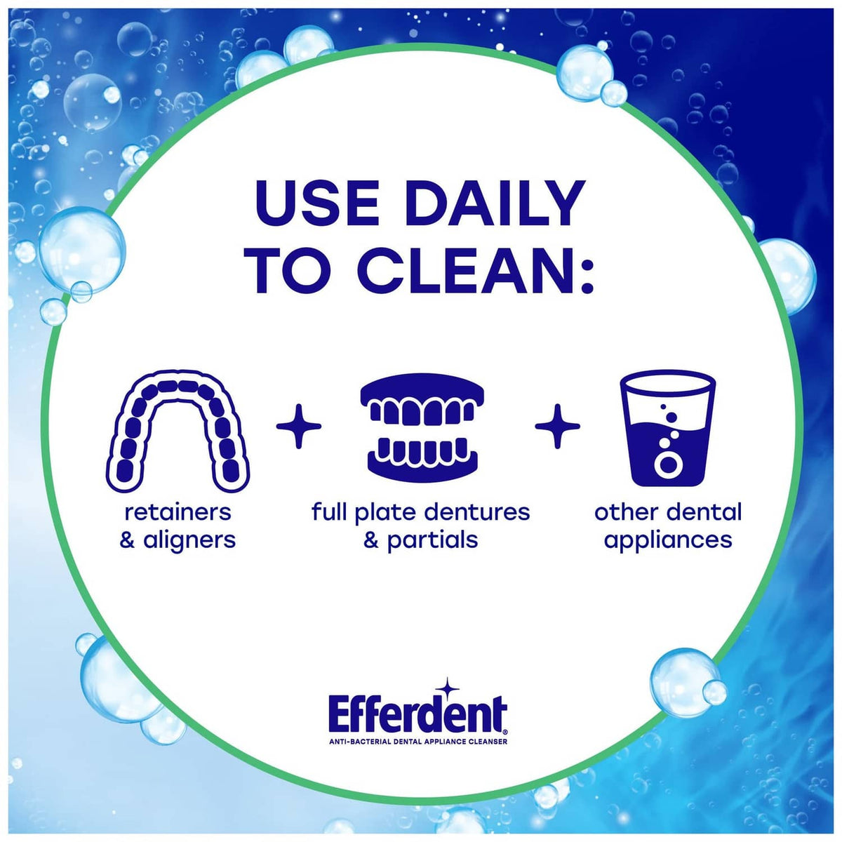 Efferdent tablet pack panel showing daily cleaning uses retainer, denture, aligners