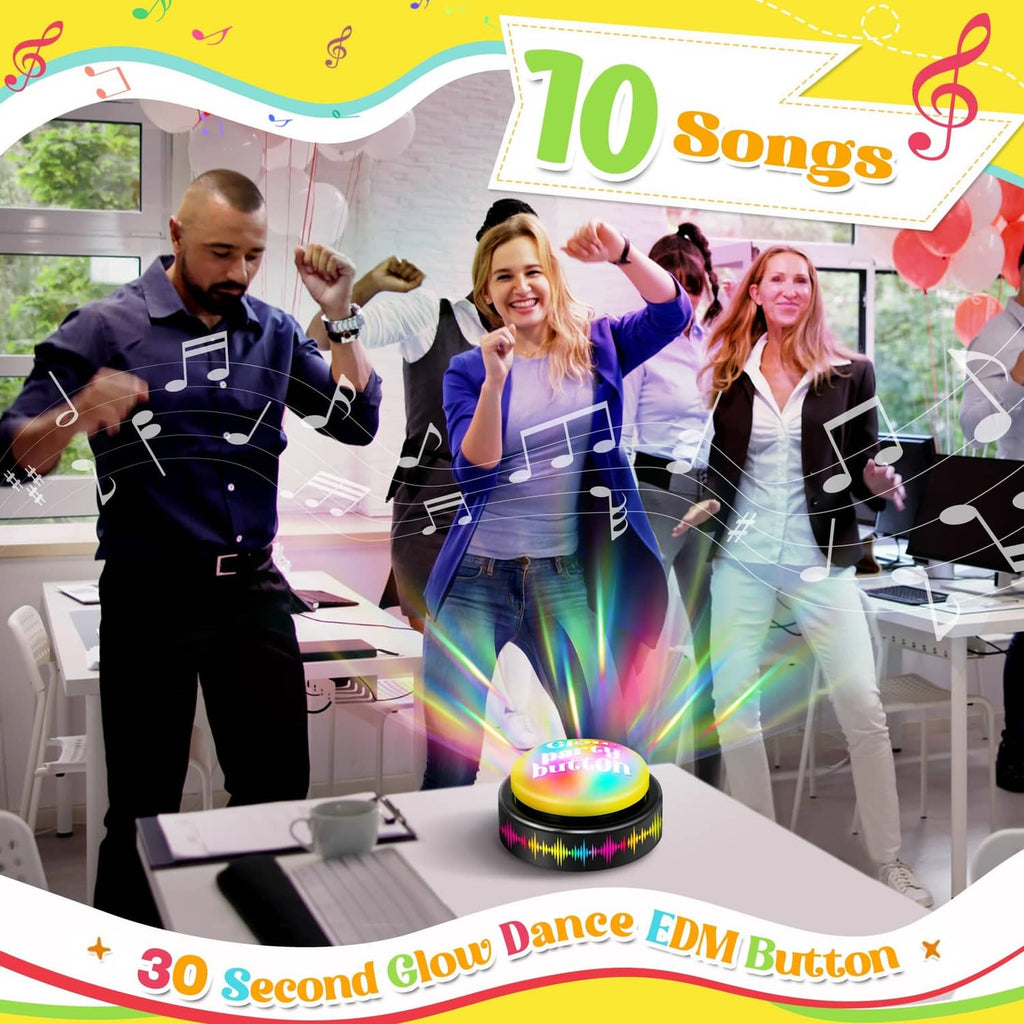 Small glowing dance music button with yellow top and multicolored light effects ring