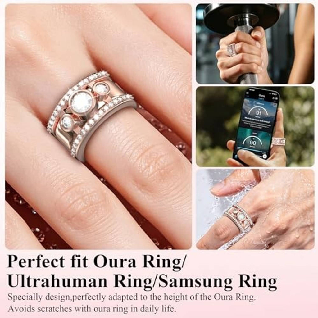 Rose gold-tone jacket ring with sparkling clear stones on finger
