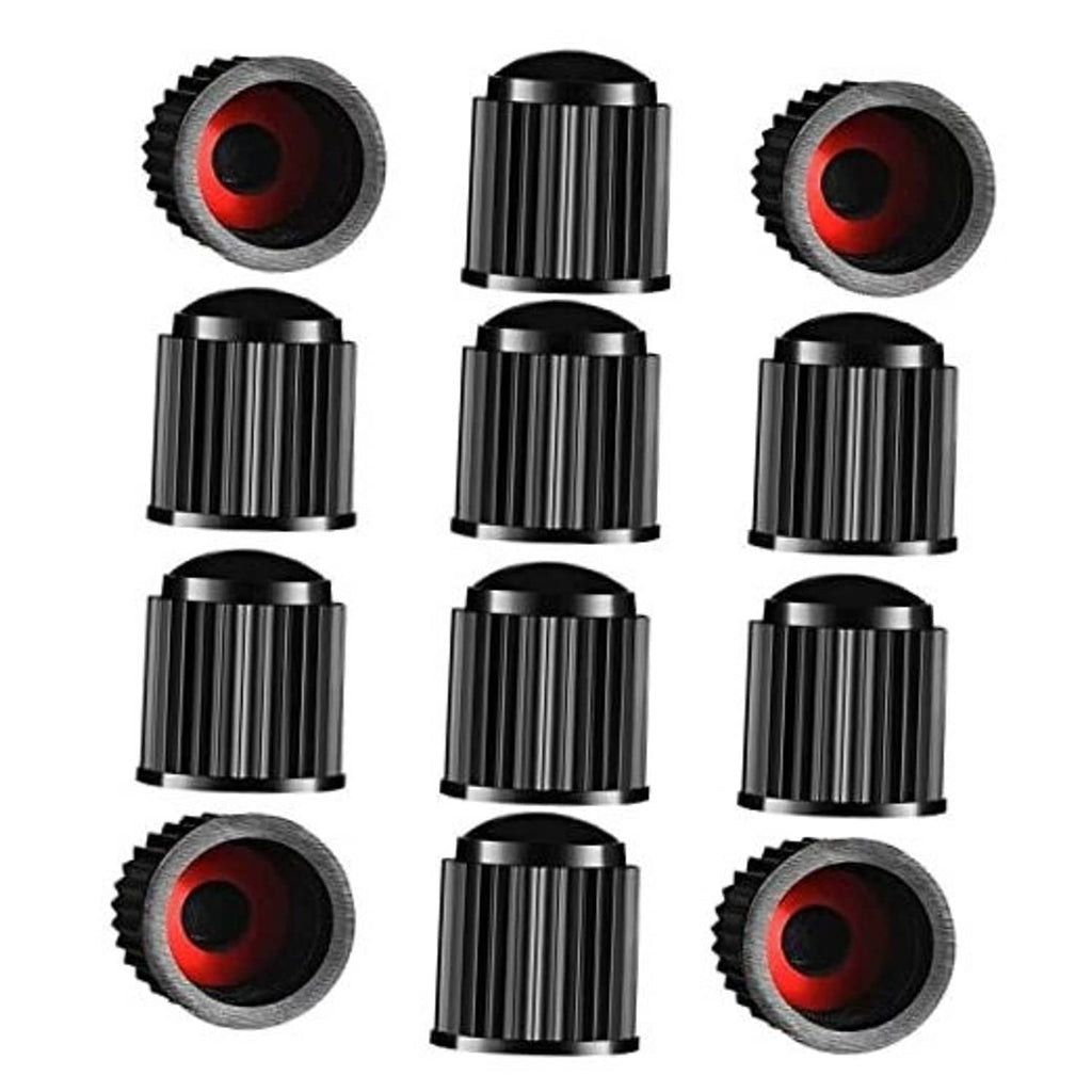 Set of black tire valve stem caps with ribbed design and red sealing ring, 12-pack