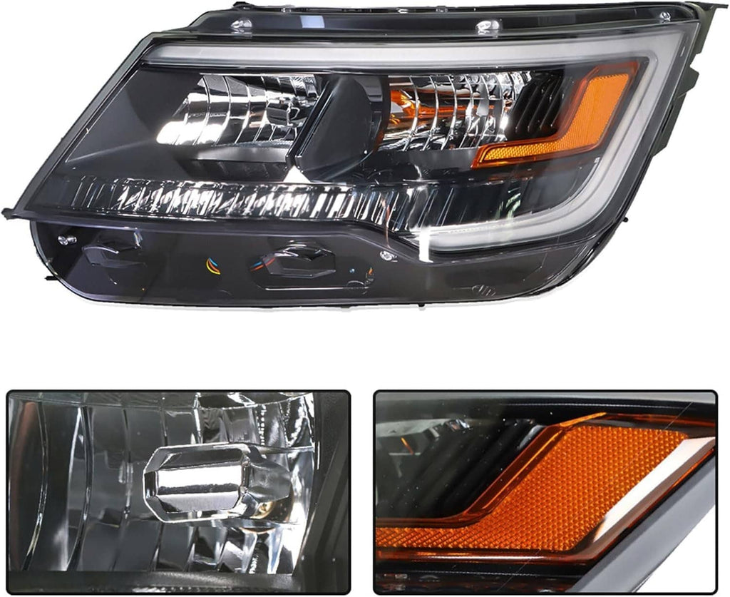 Black headlight assembly with chrome reflector, amber turn signal, and LED DRL accents