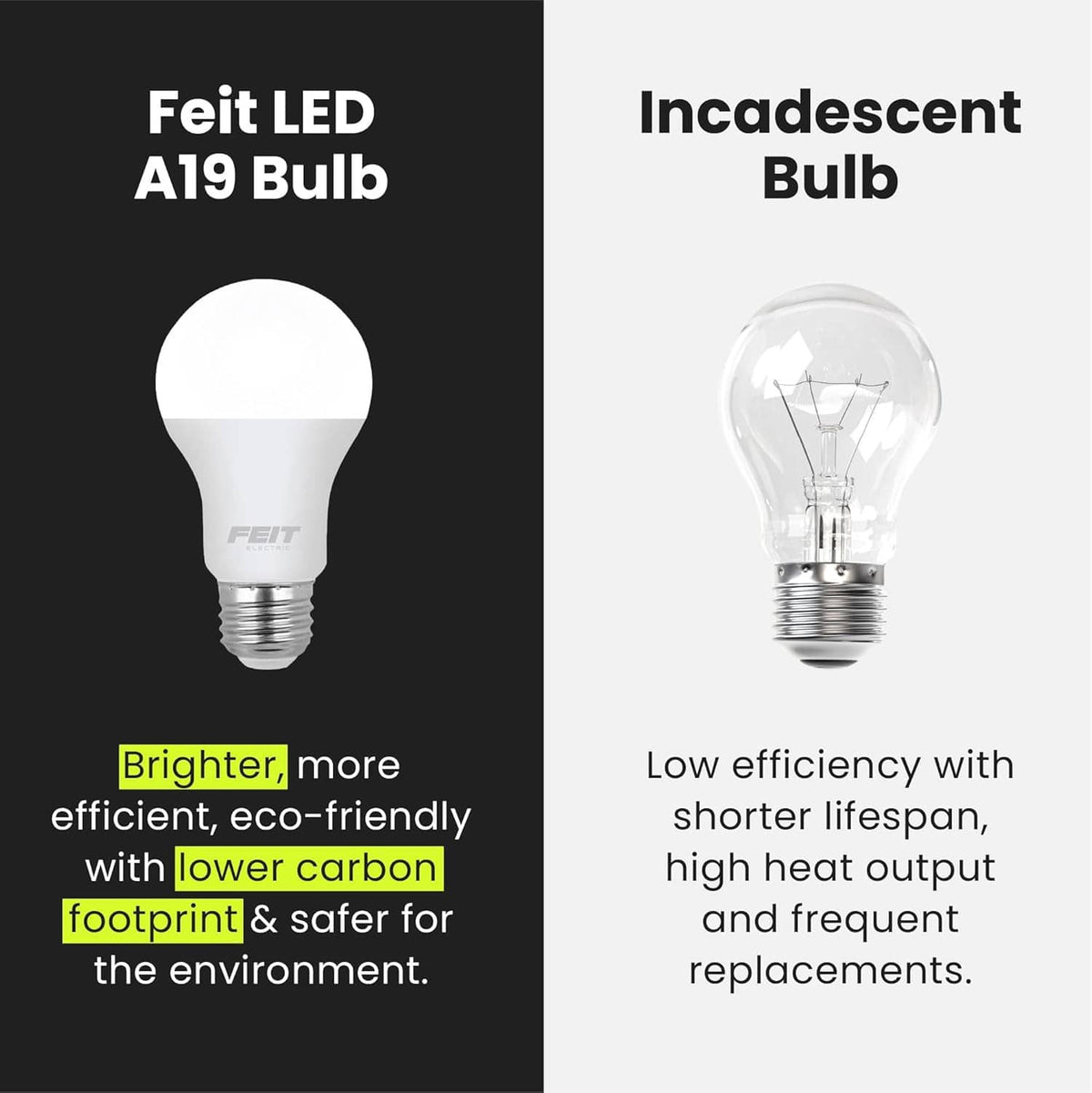 Feit LED A19 bulb graphic with frosted white glass and E26 medium base.