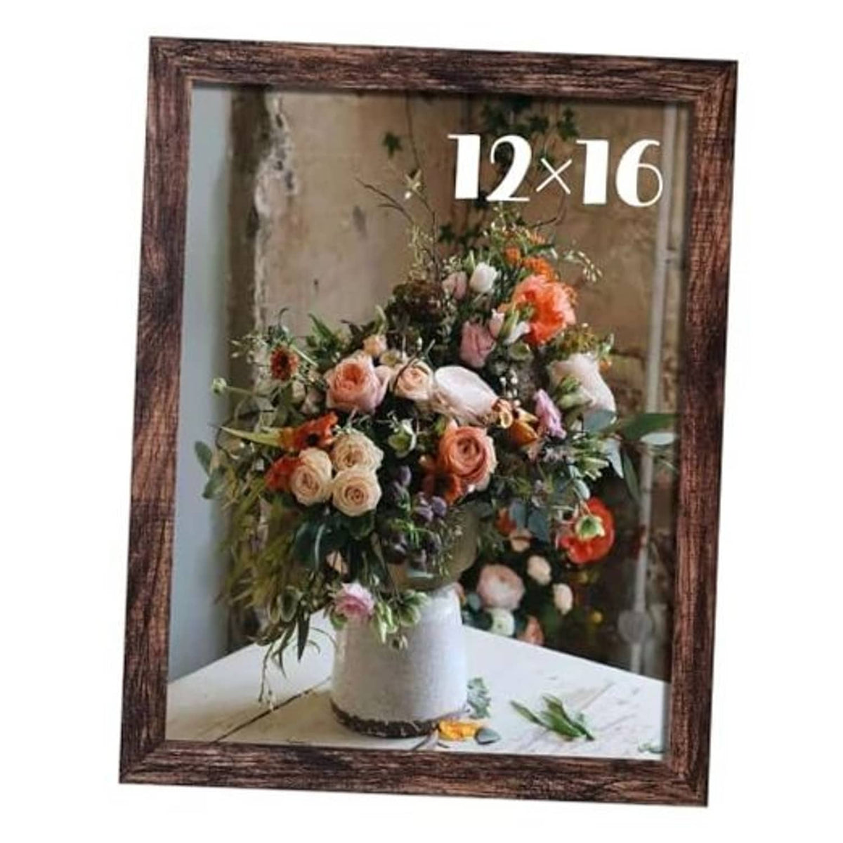 Brown 12x16 wall picture frame with floral bouquet in white vase