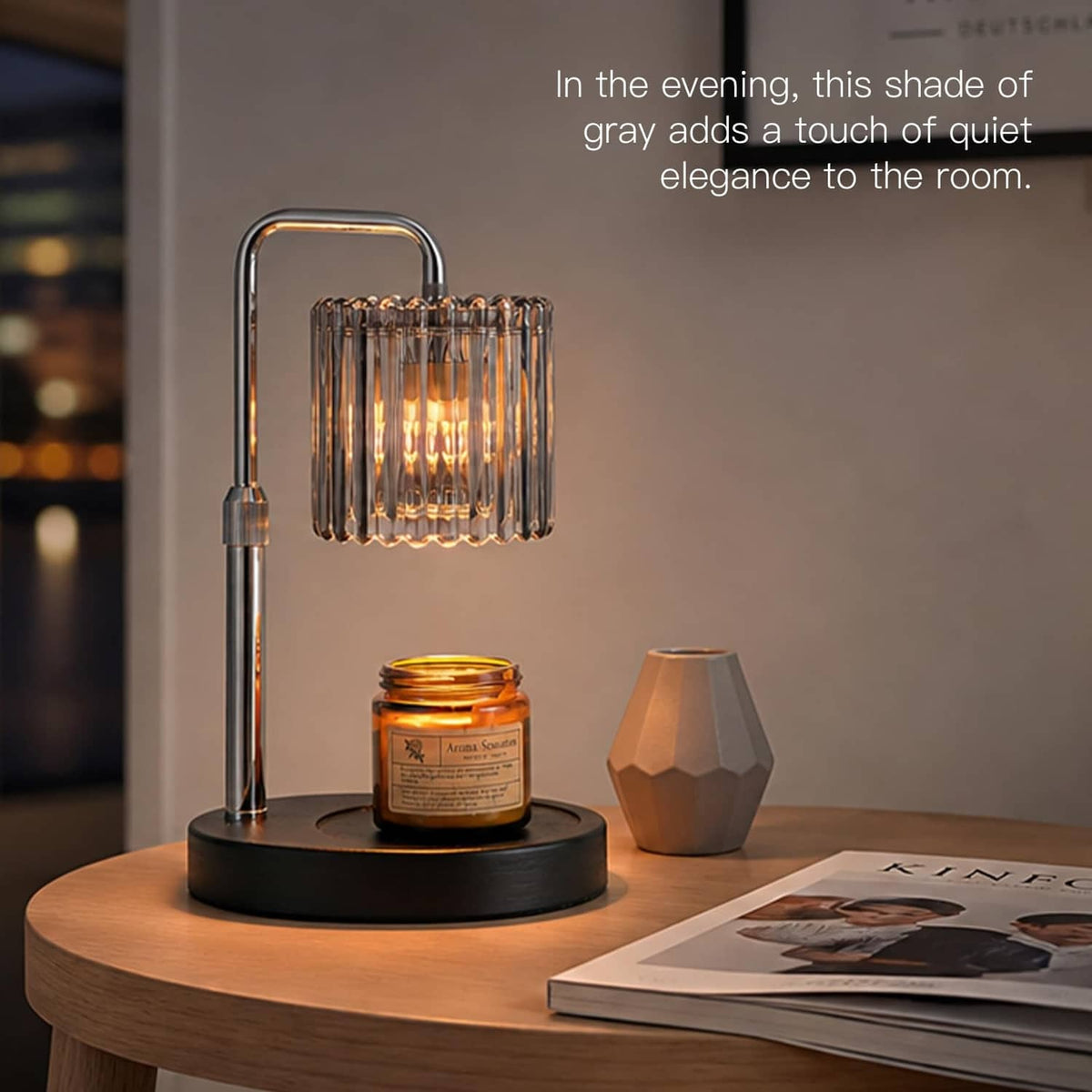 Chrome wax melt warmer lamp with clear glass cylinder and amber candle jar on base