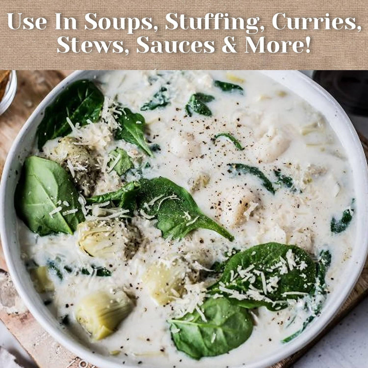 Creamy bowl of soup with spinach, broccoli, and grated seasoning