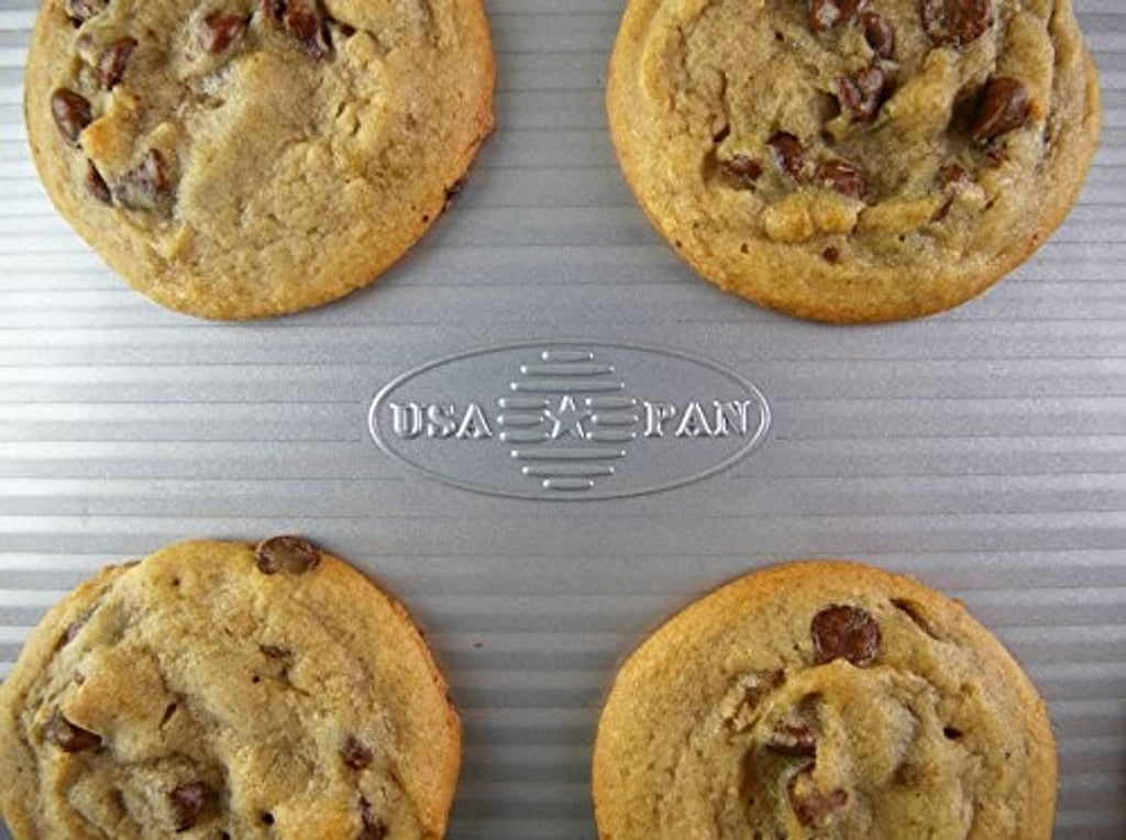 Large USA Pan logo cookie sheet with baked chocolate chip cookies