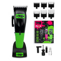 Men's hair clipper in black and green with pink accent parts and accessories shown