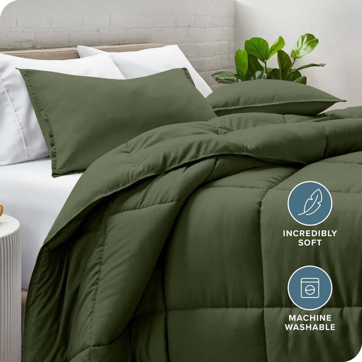 Cypress green down-alternative comforter and pillow sham with stitched quilted baffles