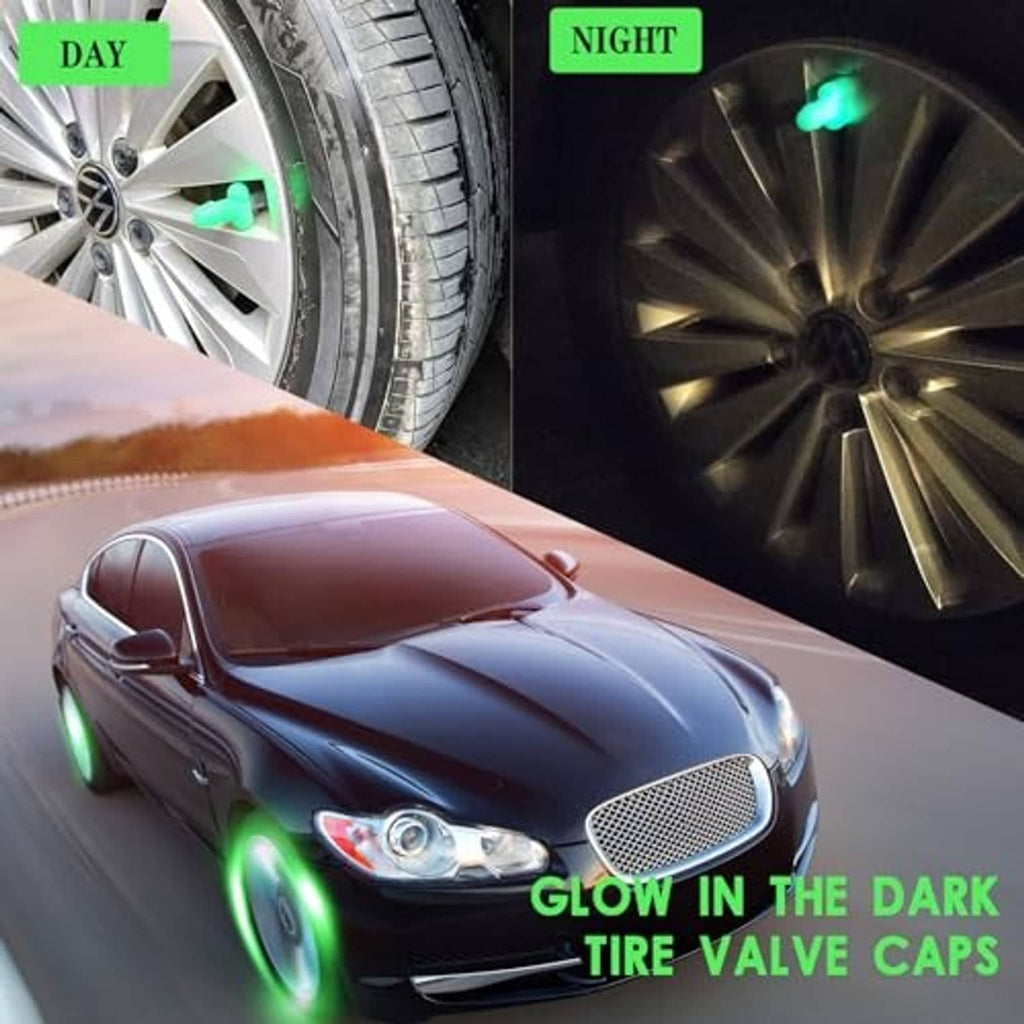 Green glow valve stem caps on car tires, 4-pack