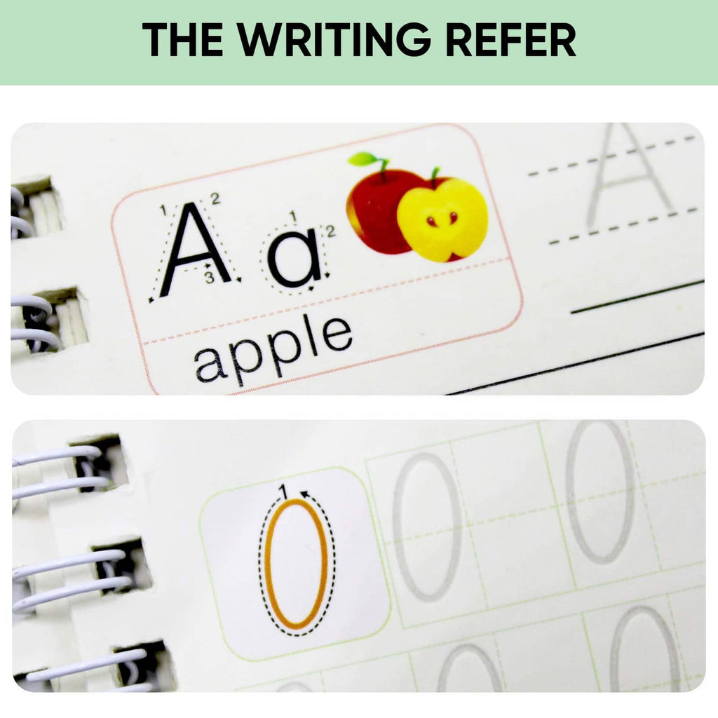 Kids' handwriting practice copybook pages showing letter shapes for tracing