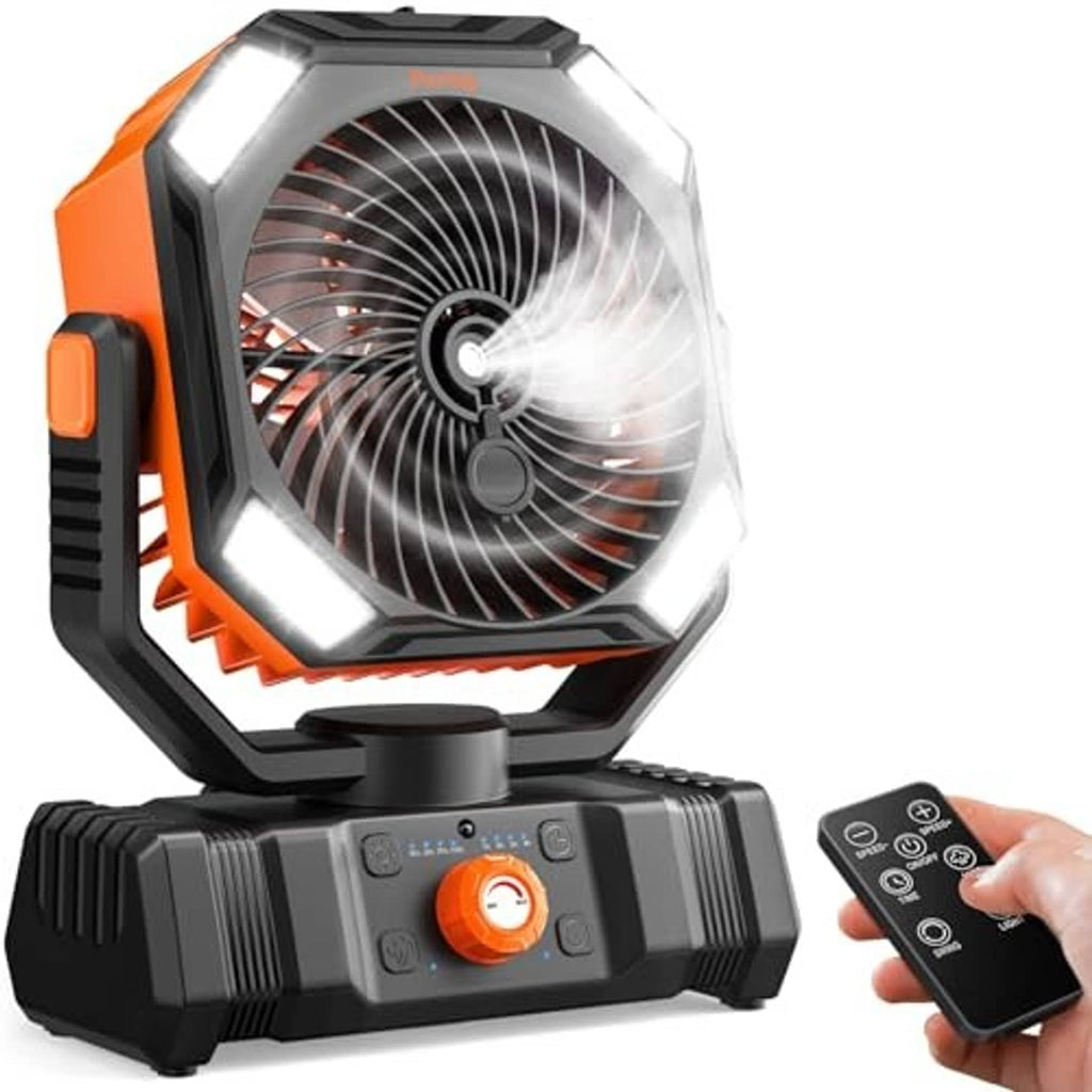 Portable misting fan with remote control, black body and orange side handle