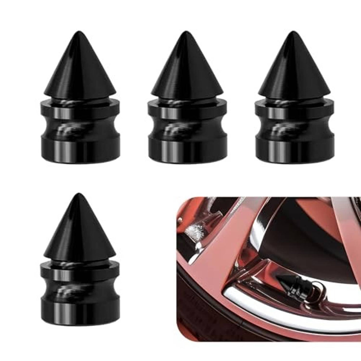 Four black spike cone tire valve stem caps with glossy finish