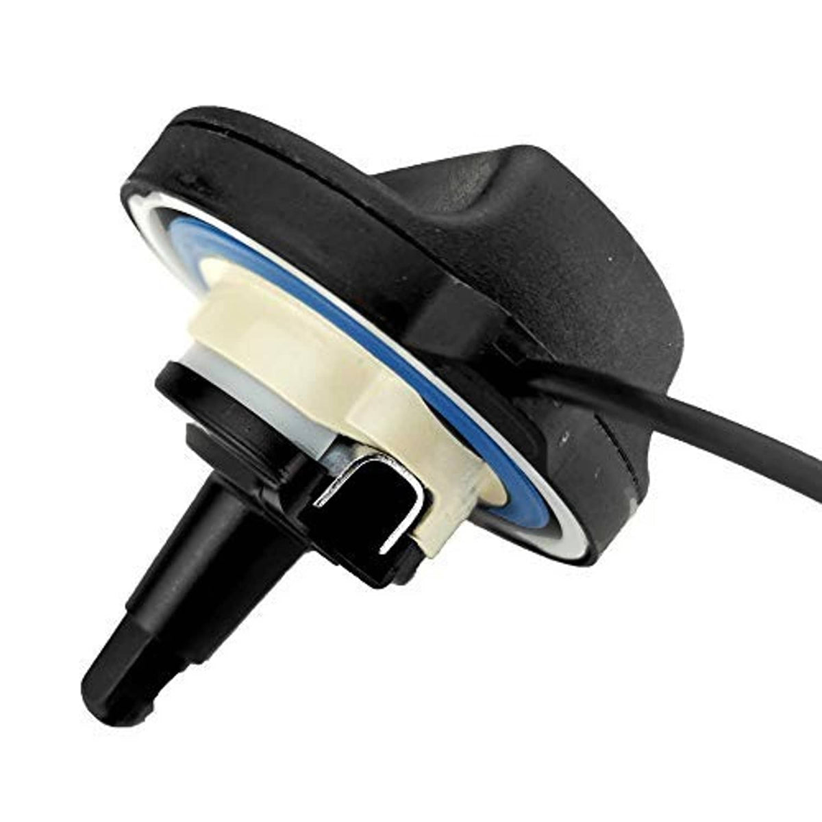 Fuel tank gas cap with blue seal ring and black connector, side view