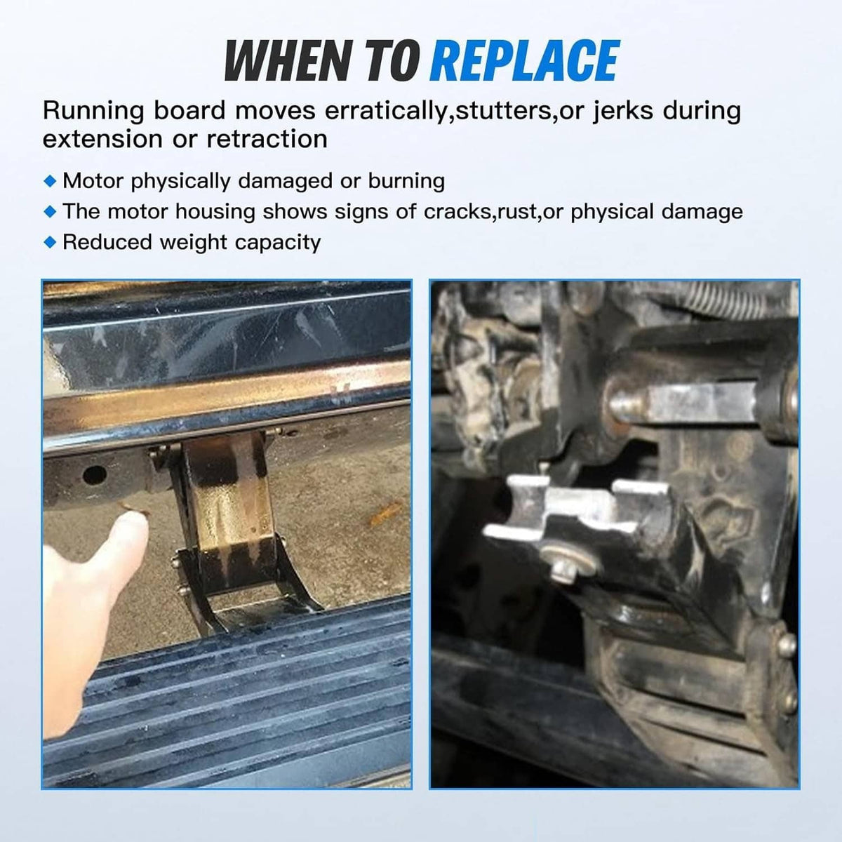Running board motor mounting area with exposed bracket and wiring, vehicle underside