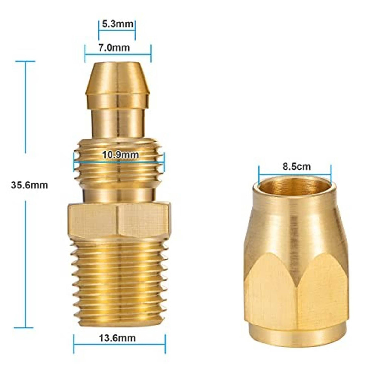 Brass 1/4 inch fitting with measurement view, rounded head and threaded sections