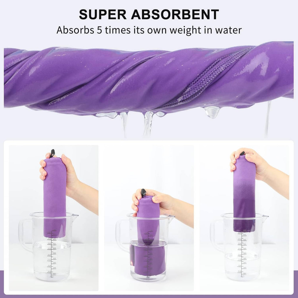 Violet microfiber towel showing textured weave and quick-dry, super-absorbent design