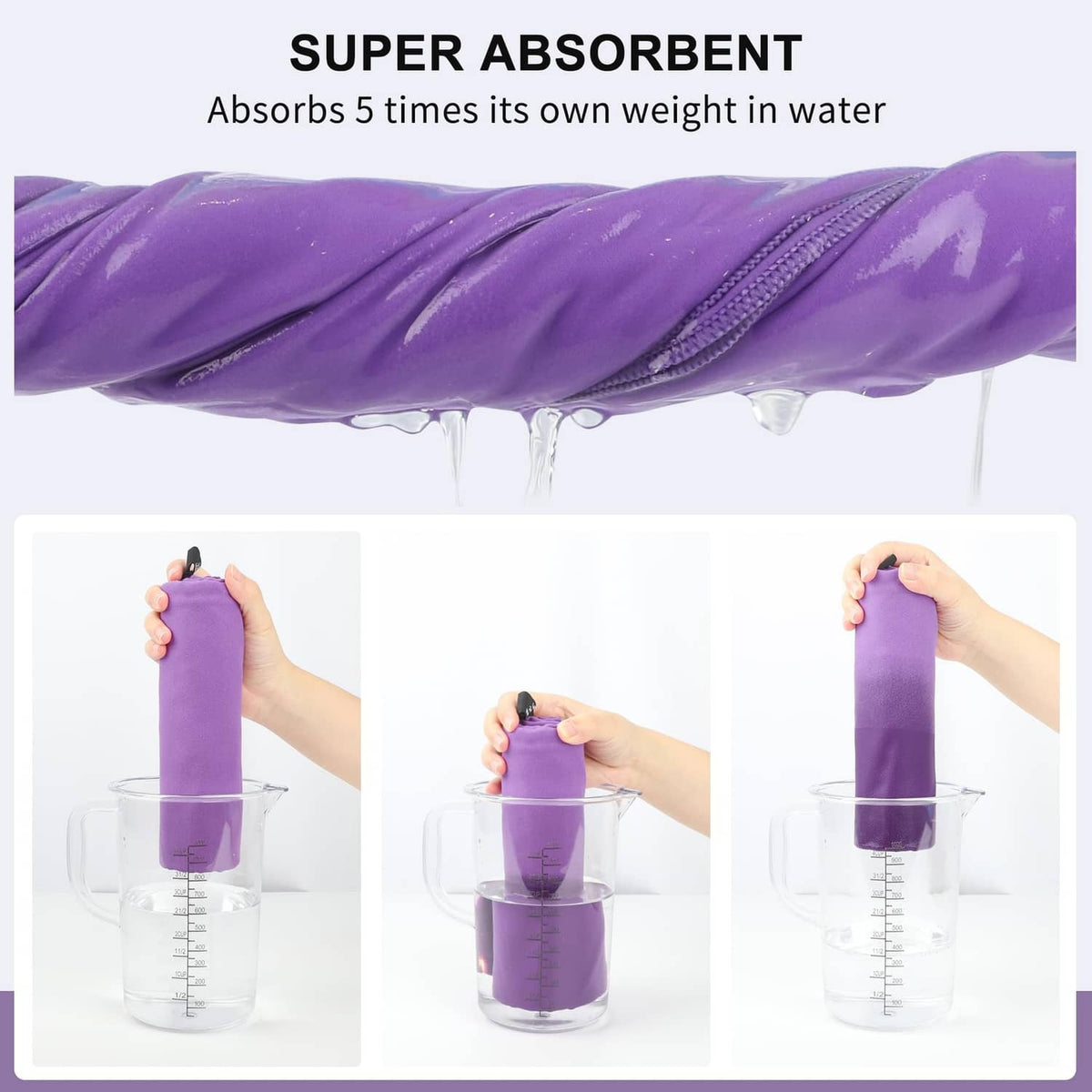 Violet microfiber towel showing textured weave and quick-dry, super-absorbent design