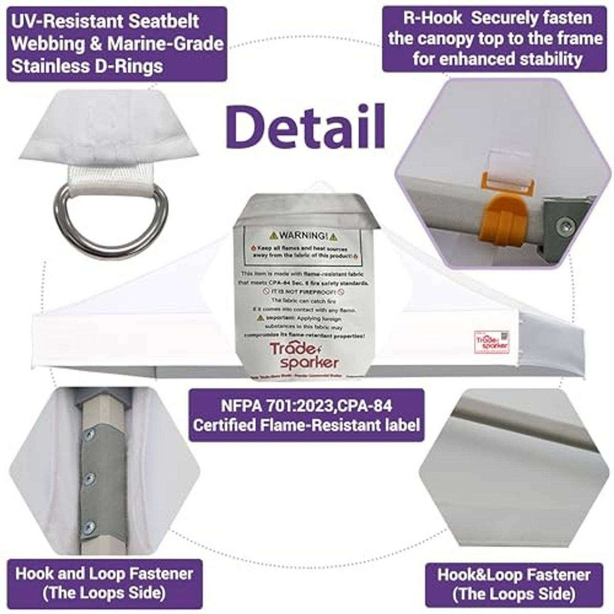 White canopy top detail with D-ring attachment and flame-resistant warning label