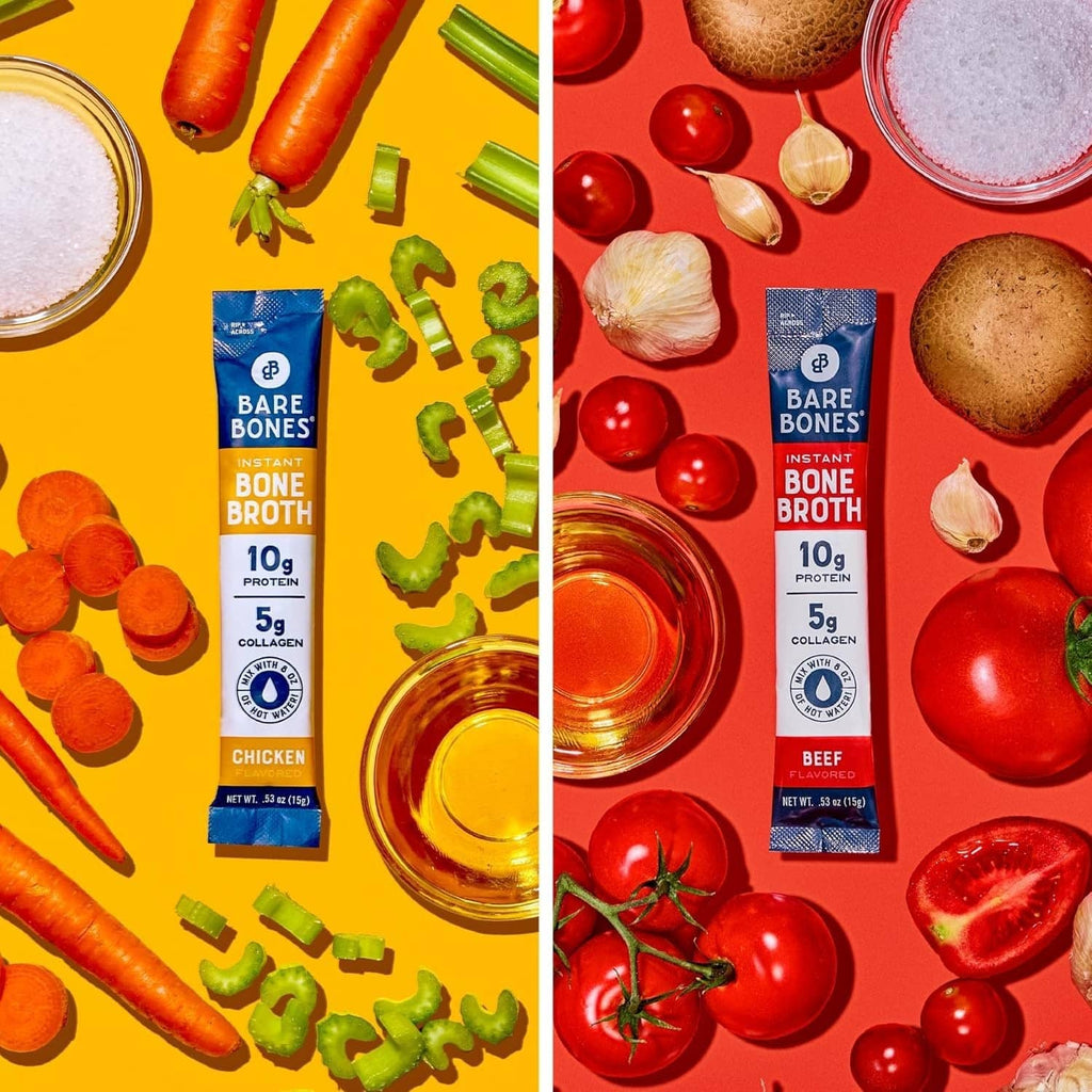 Instant bone broth powder packets, chicken and beef flavors, with ingredient mix