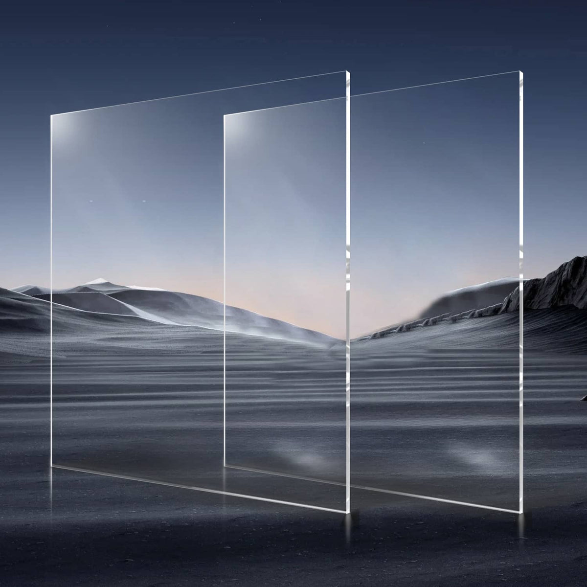 Clear acrylic sheet pair, rectangular panels, 24 x 36 in, 1/4 in thick