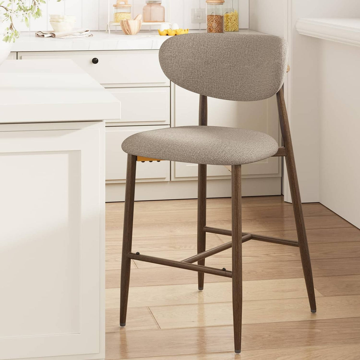 MALOL counter-height upholstered bar stool with round gray seat and dark tapered legs