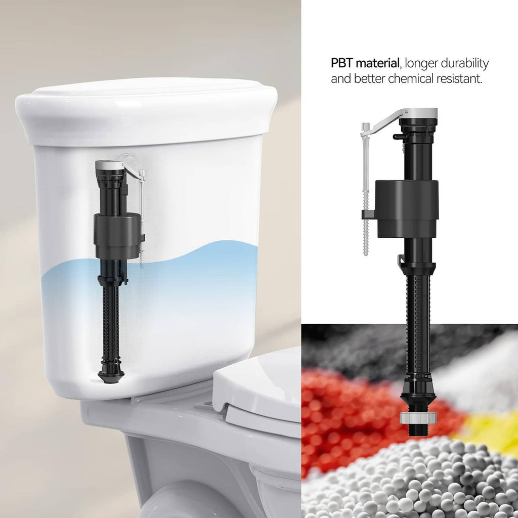 Toilet fill valve for tank installation with black mechanism and flexible inlet line