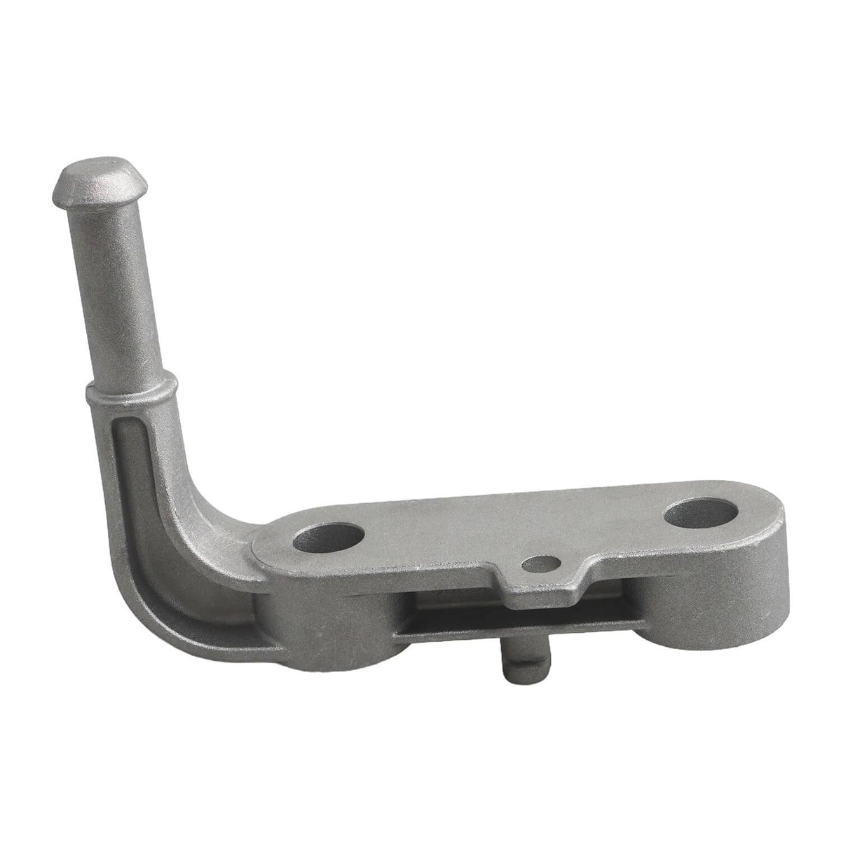 Metal exhaust tailpipe bracket with mounting holes, gray finish
