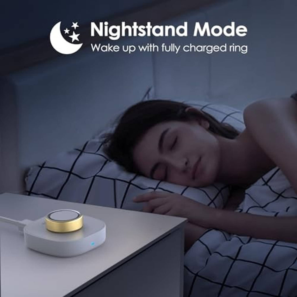 White charging dock on a nightstand with circular ring contact for overnight use