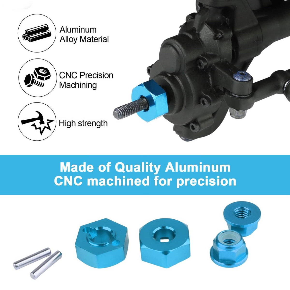 Blue aluminum wheel hex drive hub adapter on RC axle shaft with threaded M4 stud