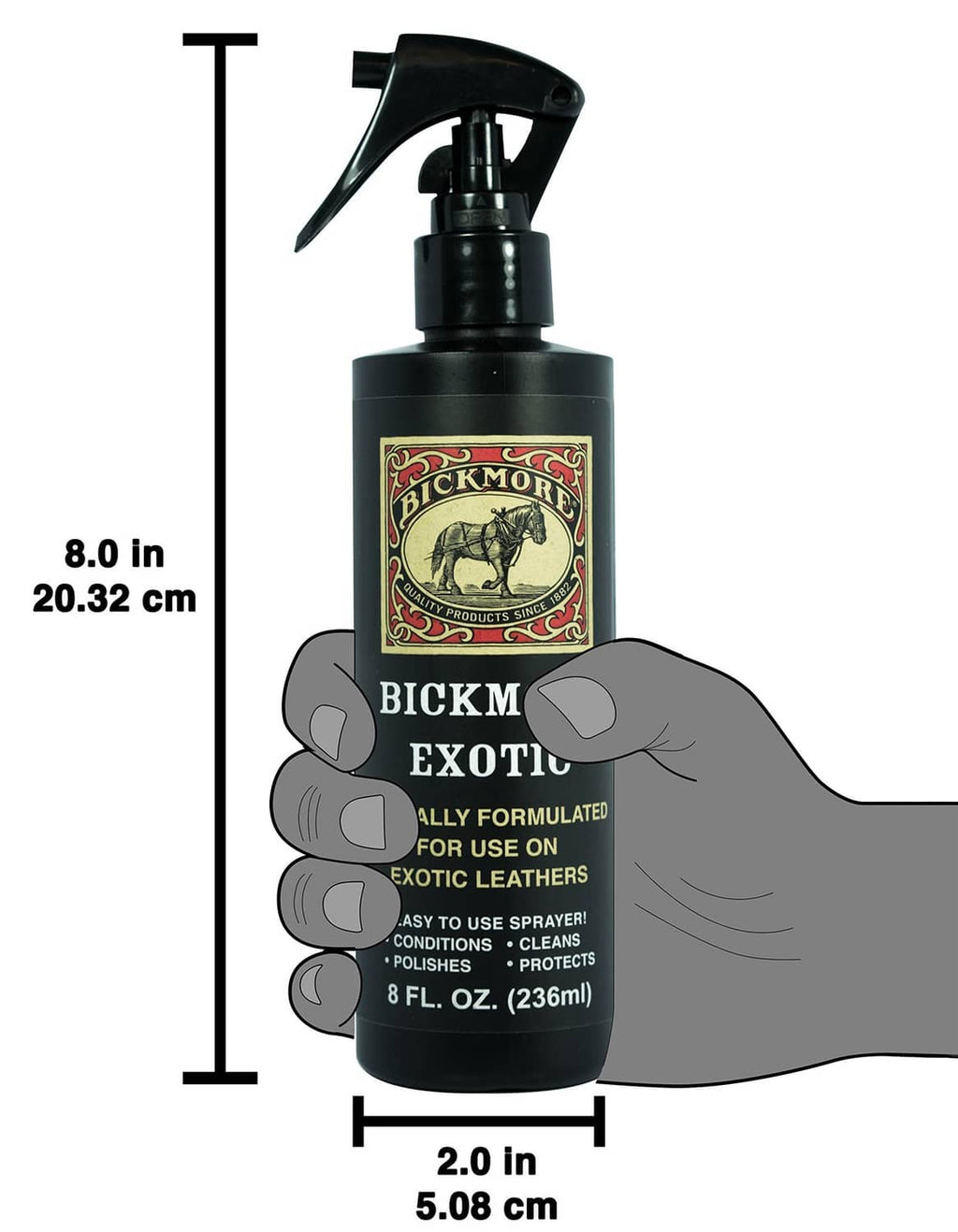 Leather spray cleaner bottle size diagram with gloved hand and measurements