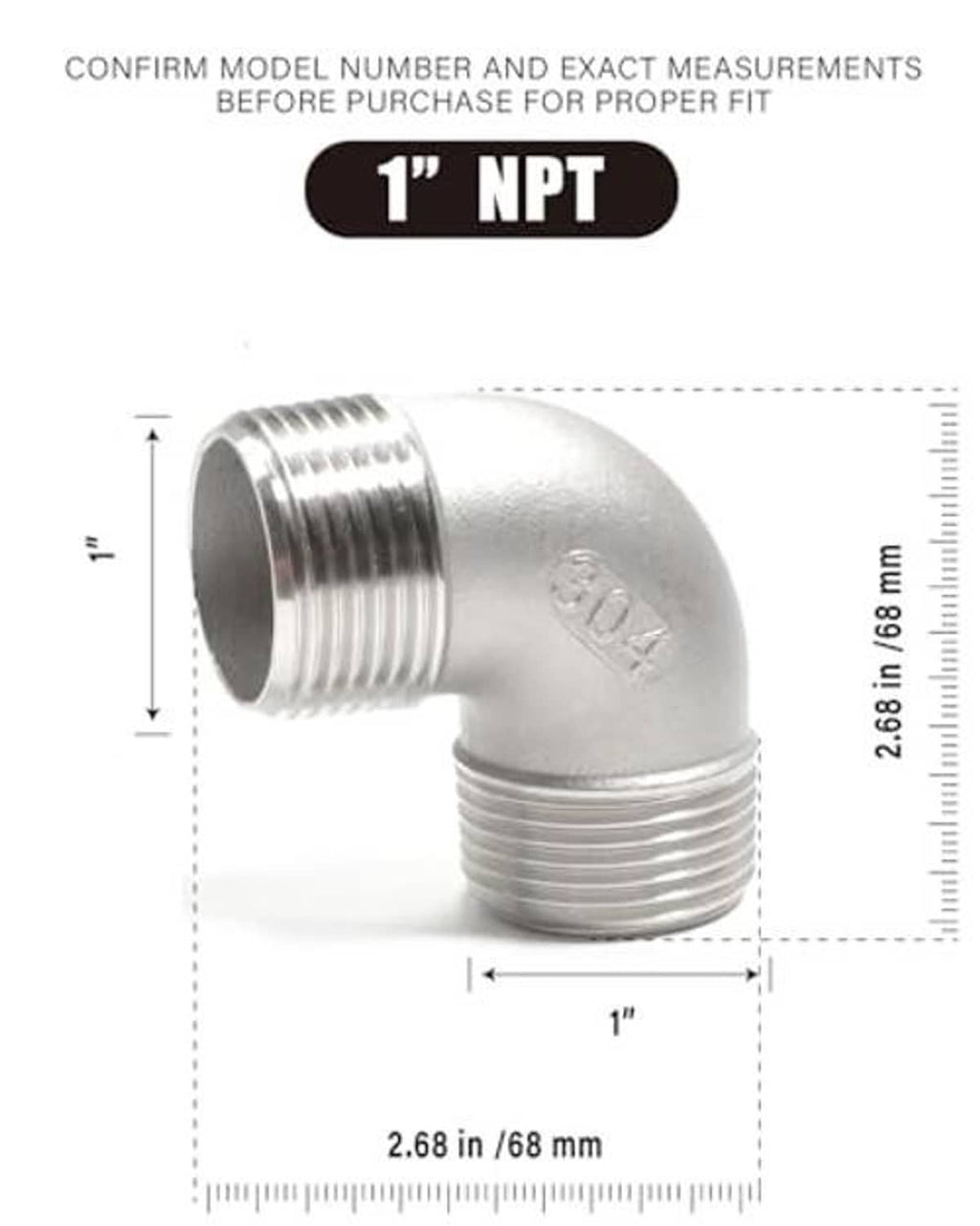 90-degree street elbow with male NPT threads, 1 in size shown with dimensions
